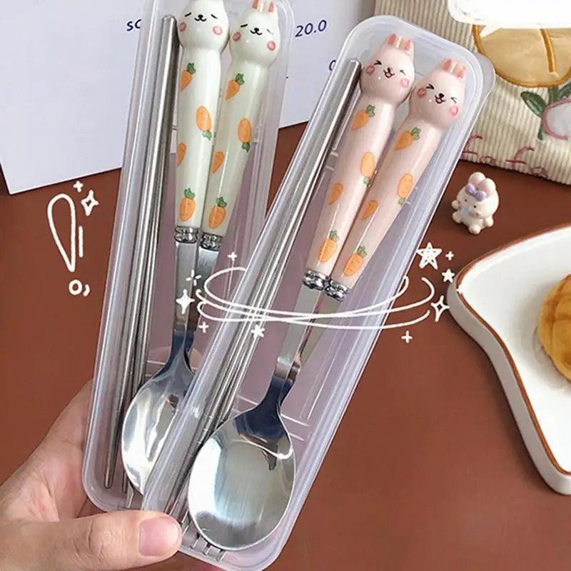 Cute Cutlery Set Cartoon Bunny Stainless Steel Cutlery Kit Mirror Polished Flatware Sets Spoon and Fork Set in Storage Box Oasis Select