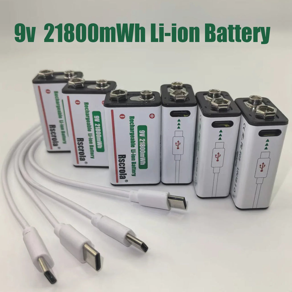 21800mWh High Capacity Rechargeable 9V Lithium ion Battery with USB-C for Guitar Microphone Smoke Detector Pedal with Cable Oasis Select