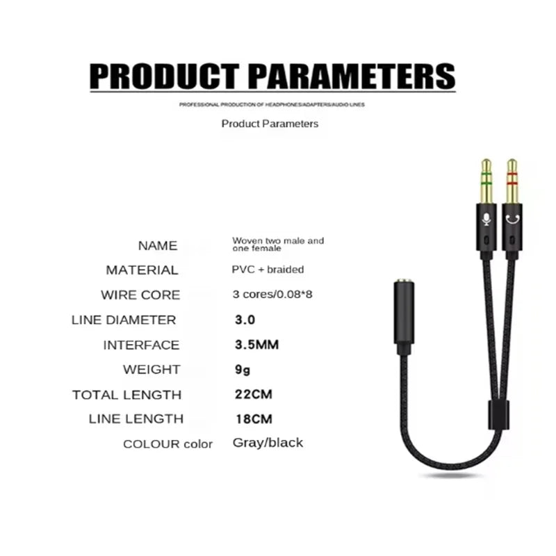 Headphone Y Splitter 3.5mm 1 Female To 2 Male 3.5mm Mic Audio Headphone Y Splitter Cable Headset To PC Adapter AUX Cable Oasis Select