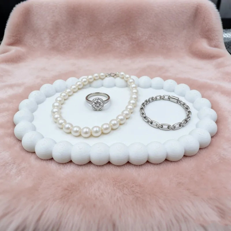Trending White Beaded Decor Tray Jewelry & Ring Organizer Desktop Storage Tray with Artistic Aesthetic Home Decor Oasis Select