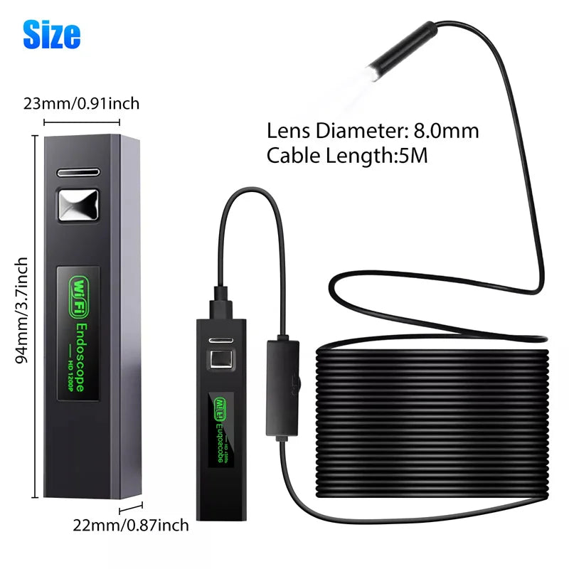Wireless Endoscope WiFi Borescope Inspection Camera 1200P HD IP68 Waterproof Snake Camera With 8 LED For Android IOS Tablet PC Oasis Select