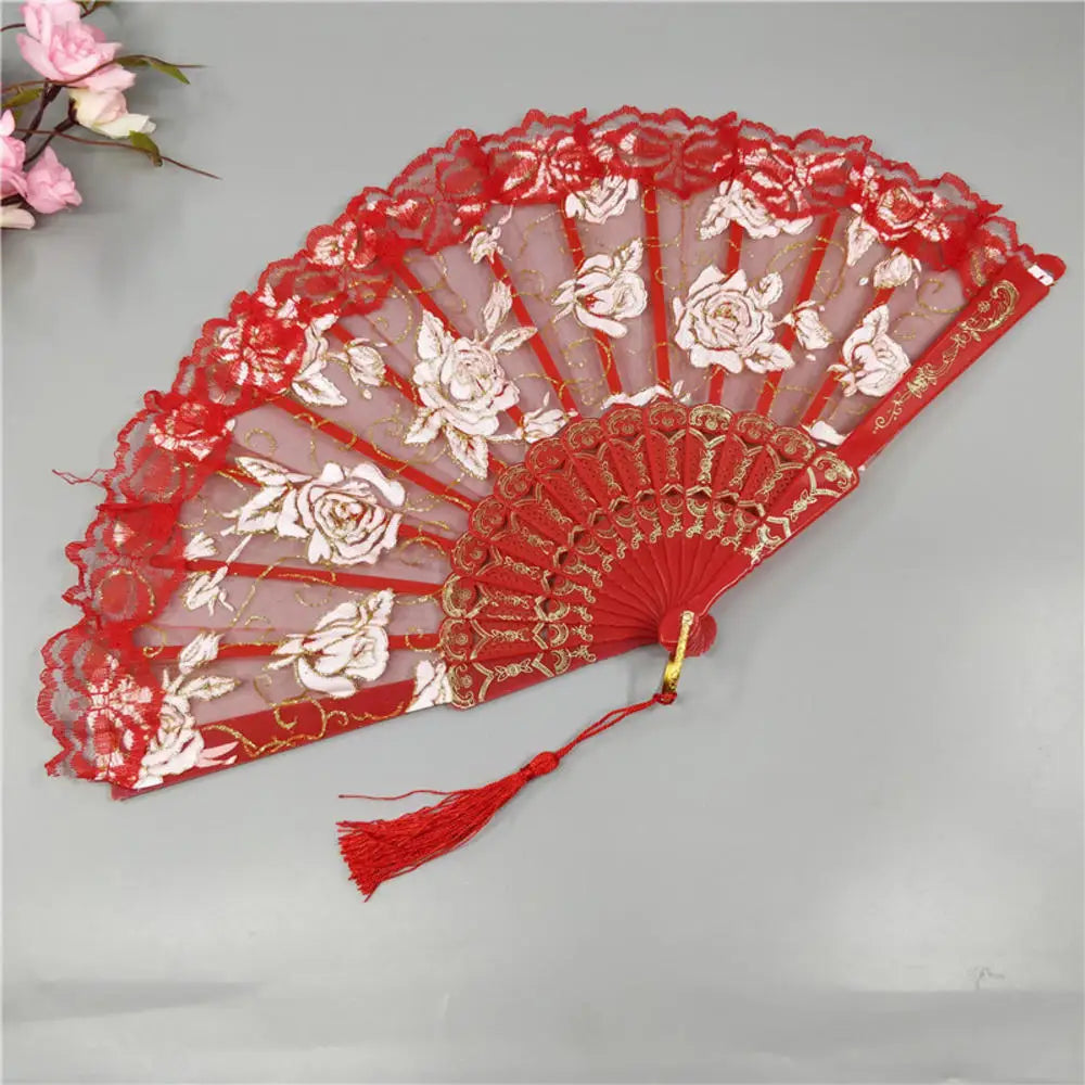 Lolita Gothic Fan Victorian Female Lace Hand Fan Vintage Black White Red Rose Bamboo Fans Cosplay Halloween Party Supplies Oasis Select Red as pictures