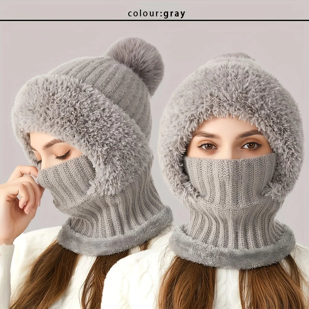 Thickened Knitted Hat Scarf Mask One-Piece, Winter Warm Hat for Women, Full Face Protection Windproof Balaclava Cap Oasis Select