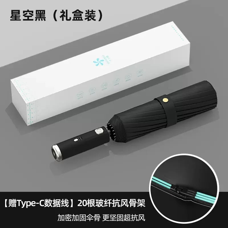 Come with fan umbrella ten bones automatic folding sunblock shade double cooling rain and sunshine fan umbrella Oasis Select Black