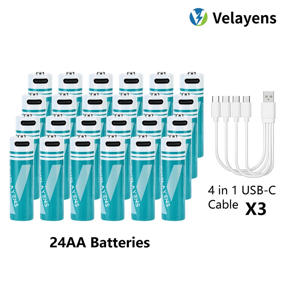 1.5V USB Rechargable Lithium Battery AA 2200mAh Actual Capacity Fast Charging 2000+ Charge Cycles Long-Lasting Power Oasis Select 24 pcs batteries