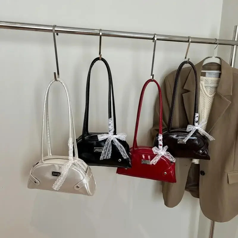 Women Casual PU Leather Tote Handbag Bow Leisure Armpit Handbag Solid Color Travel Underarm Handbag Female Dating Bag Oasis Select