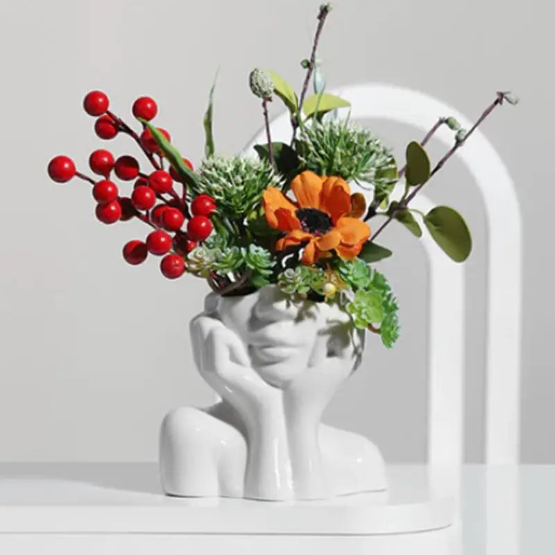 White Vase with Art Face Design, Creative Desktop Ornament Handmade Gift Modern Home Decor Oasis Select