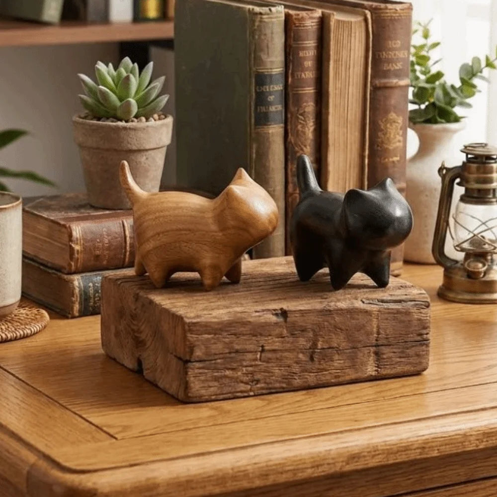 Handmade Wooden Cat Figurine with Bell | Natural Wood Decor Wood Cat Figurine Oasis Select
