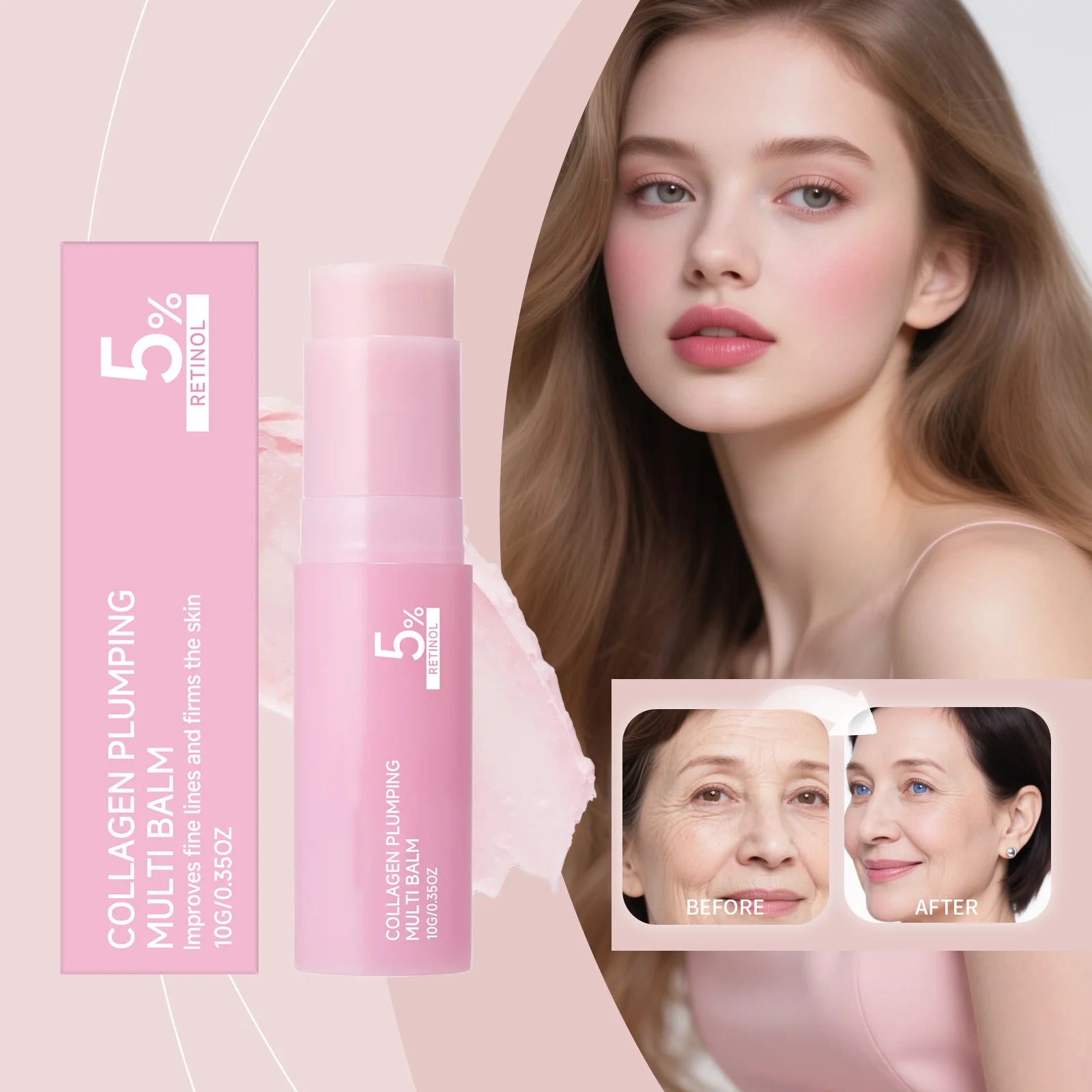 Pink lightweight moisturizing stick, nourishes and hydrates to care for dry facial and neck skin, texture is delicate, smooth, a Oasis Select