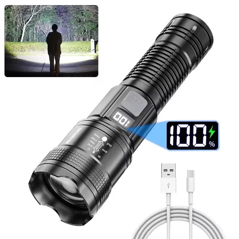 High Strong Power Led FlashlightsTactical Torch with Display Light USB Charging Outdoor Camping Fishing Emergency Zoom Lantern Oasis Select Black