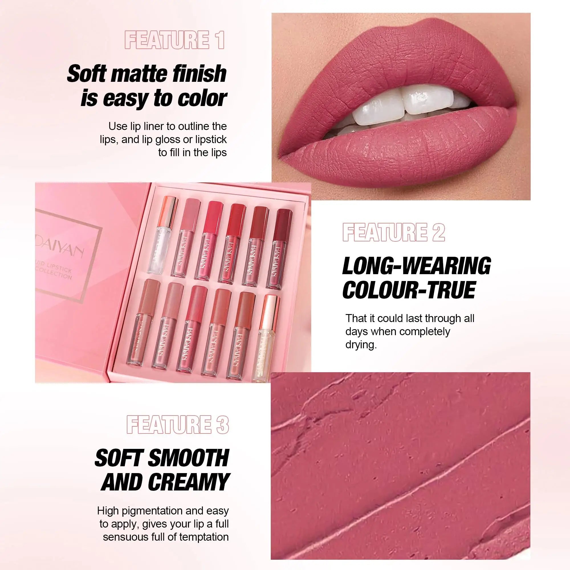 Handaiyan 12-Shade Velvet Matte Lip Gloss Set – Waterproof