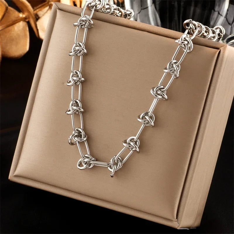 Stainless Steel Gold Silver Color Twist Knot Necklace Bracelets For Womens Girl New Fashion Non-fading Jewelry Set Oasis Select Silver necklace