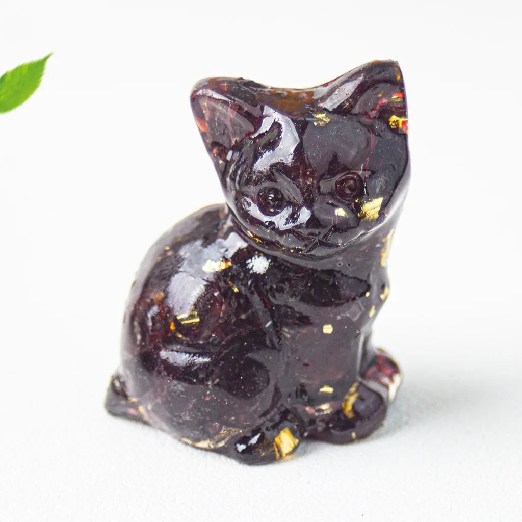 Natural Crystal Gravel Resin Sitting Turning Face Cat Figurine With Gold Foil Cute Desktop Decor For Home Office Oasis Select Wine Red