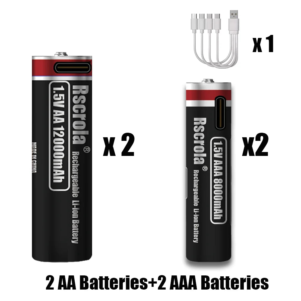 1.5V Rechargeable Li-ion Battery AA 12000mAh/AAA 8000mAh Type-C Fast Charge High Capacity， Cameras/Mouse/Xbox Controllers/Toys Oasis Select 1.5V 2AA 2AAA
