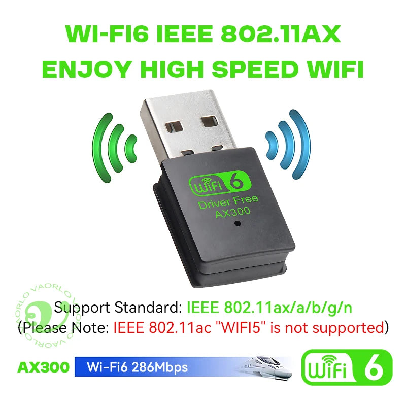 WiFi6 USB Wireless Network Card 2.4G High-Speed AX300 Drive Free Mini WI-FI Adapter Receiver Dongle WLAN 286Mbps For Win 7/10/11 Oasis Select