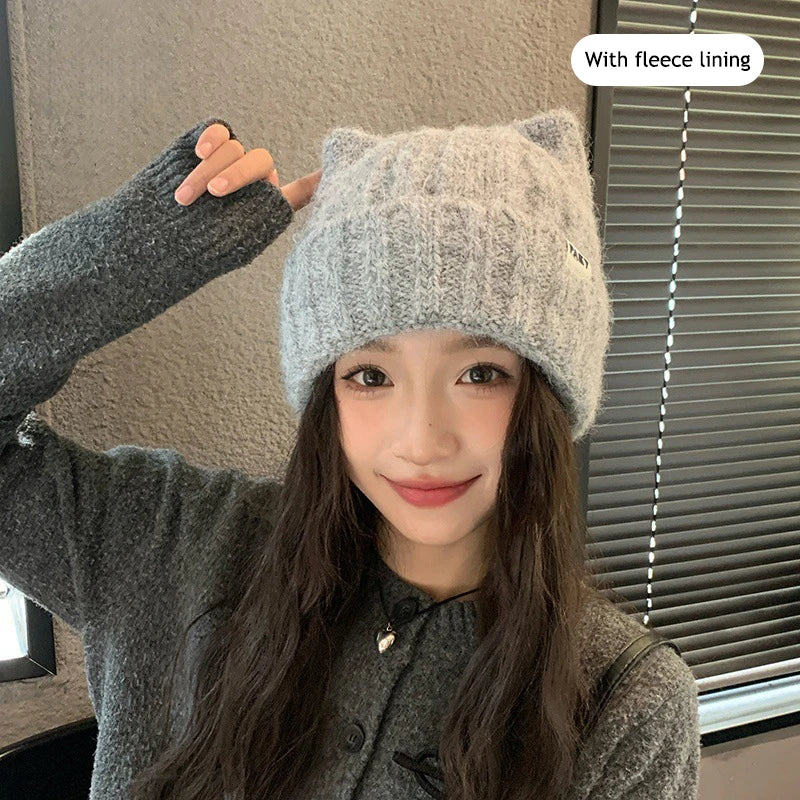 Cat Ear Knitted Beanie – Korean Style Winter Hat for Women