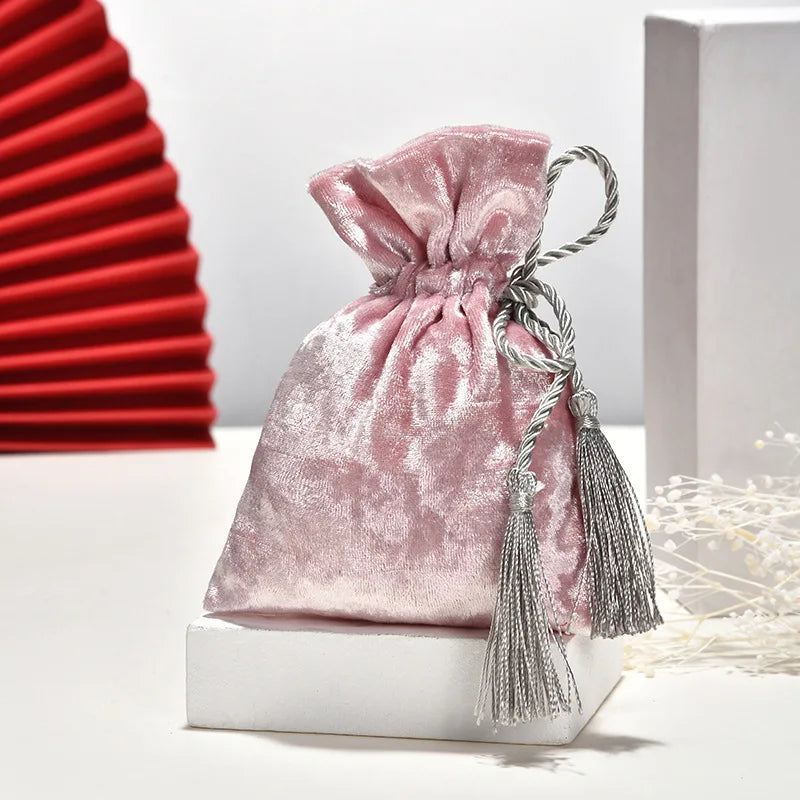 Velvet Cloth Drawstring Tassel Bag Velvet Candy Box Gift Bags Candy Storage Pouches Wedding Birthday Party Jewelry Organizer Oasis Select pink-10x10cm Other