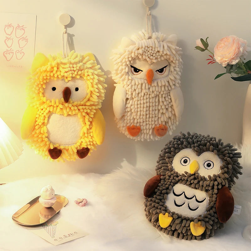 Cartoon Owl Chenille Hand Towel With Fuzzy Balls, Absorbent Fast-Drying Soft Hanging Towels For Bathroom And Kitchen Oasis Select