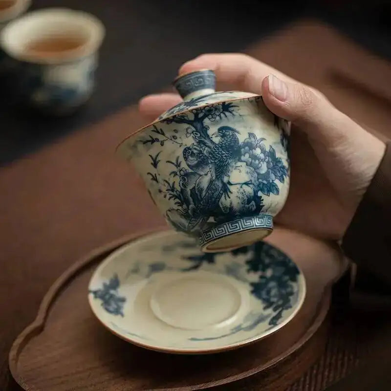 Antique Ru Kiln Series Ceramic Three-talent Covered Bowl with Cicada Wing Crackle Glaze and Gold Wire, Chinese Style Tea Bowl Oasis Select