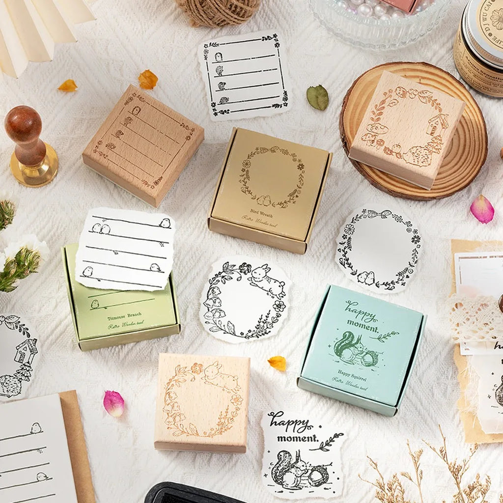 Retro Little Forest Wooden Rubber Stamp Decorative Stamps for Journal Scrapbooking DIY Handcrafts 6 Patterns Available Oasis Select
