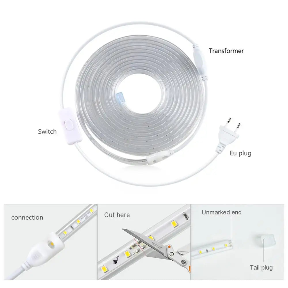 200-230V 2835 SMD LED Strip Light 120LEDs/m Waterproof Outdoor Garden Lawn Path Decor Kitchen Lamp Flexible Ribbon with EU Plug Oasis Select
