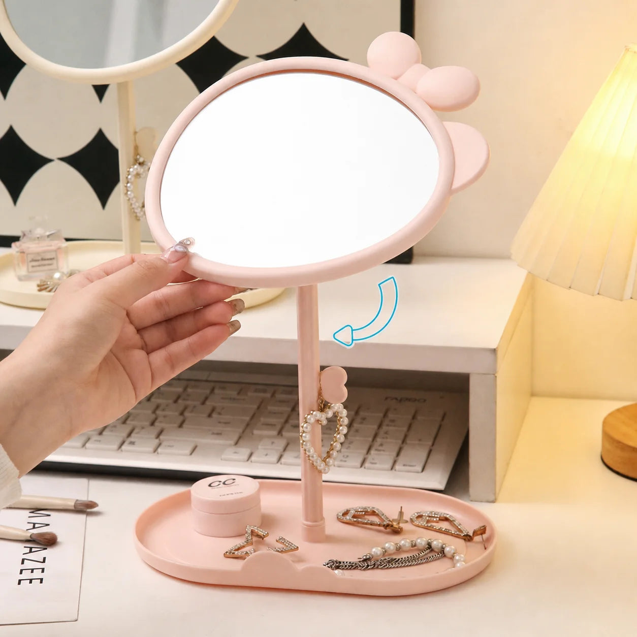 Cute Bowknot Desk Vanity Mirror with Storage Tray | 360°