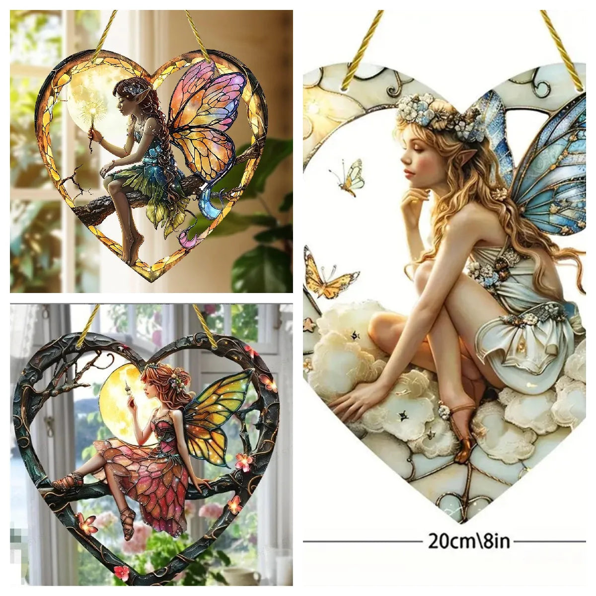 New Colorful Fairy Angel Art Flower Suncatcher Stained Window Hanging Heart Shape Acrylic Pendant For Home Garden Yard Ornament Oasis Select
