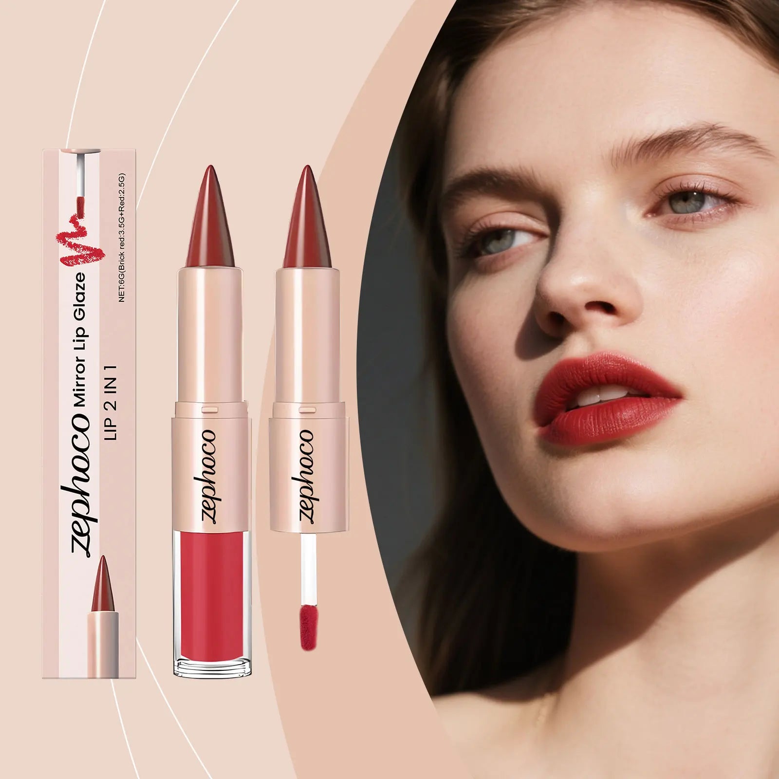 Brick Red 2-in-1 Mirror Lip Gloss & Liner – Long-Lasting