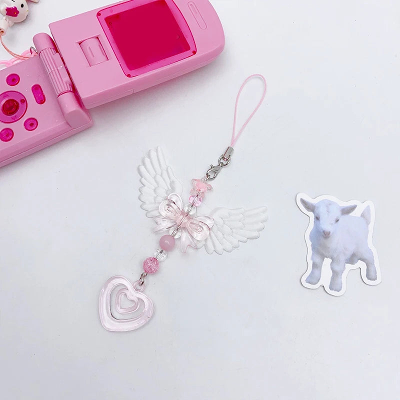 Bowknot Phone Chain Angel Wing Pendant Keychain Sweet Cool Key Phone Lanyard Acrylic Keyring Bag Ornament Oasis Select