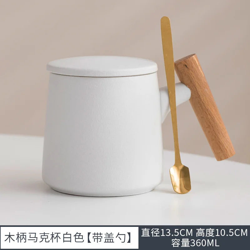 Office Wooden Handle Mug Japanese-style Ceramic Office Tea Cup Frosted Water Cup Three-piece Set with Lid Filter Mug Coffee Mug Oasis Select White 301-400ml