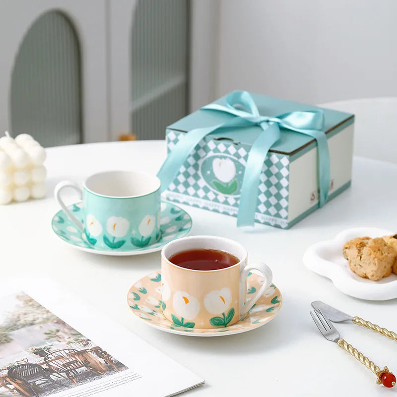 Ins Style Hand-Painted Tulip Ceramic Coffee Mug & Saucer Plate Set, for Breakfast Milk Drink Afternoon Tea Home Tableware Oasis Select