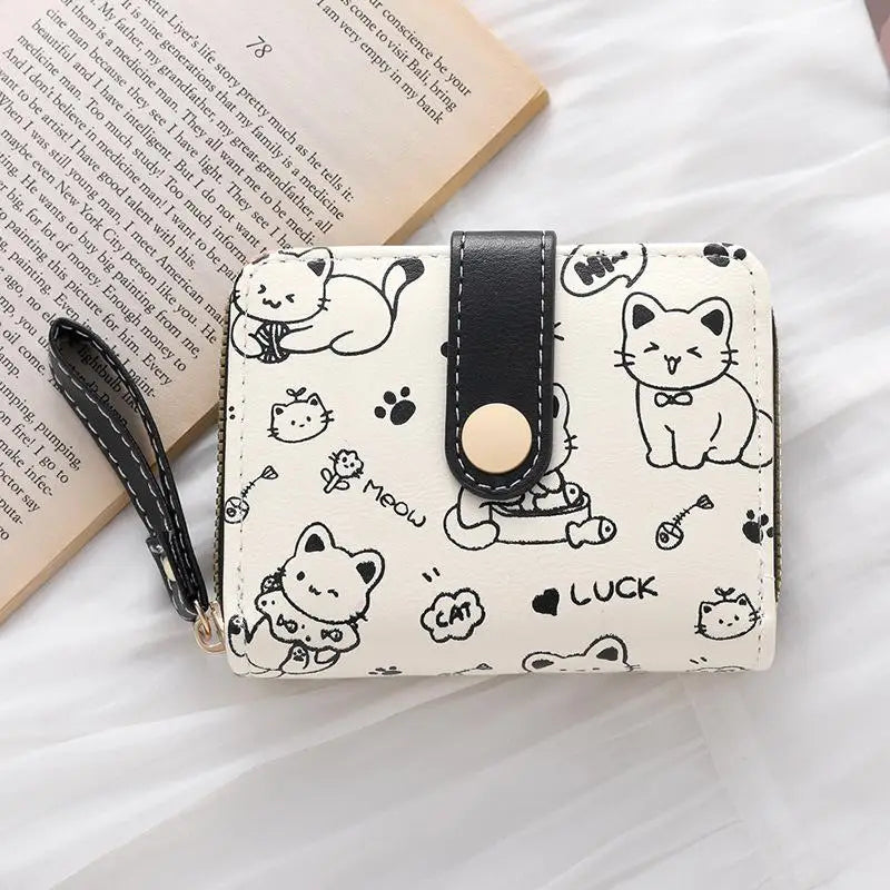 Japanese Cute Cat Girls Wallet Short Student ID Bank Card Holder Money Bag Zipper Wallets For Women Key Storage Purse Coin Purse Oasis Select Black
