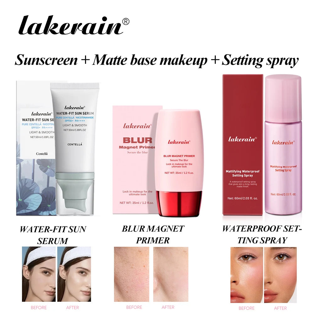 Water-fit Sun Serum & Blur Magnet Primer & Waterproof Matte Setting Spray Set SPF50 Sunscreen Oil Control Matte Makeup Effect Oasis Select SET