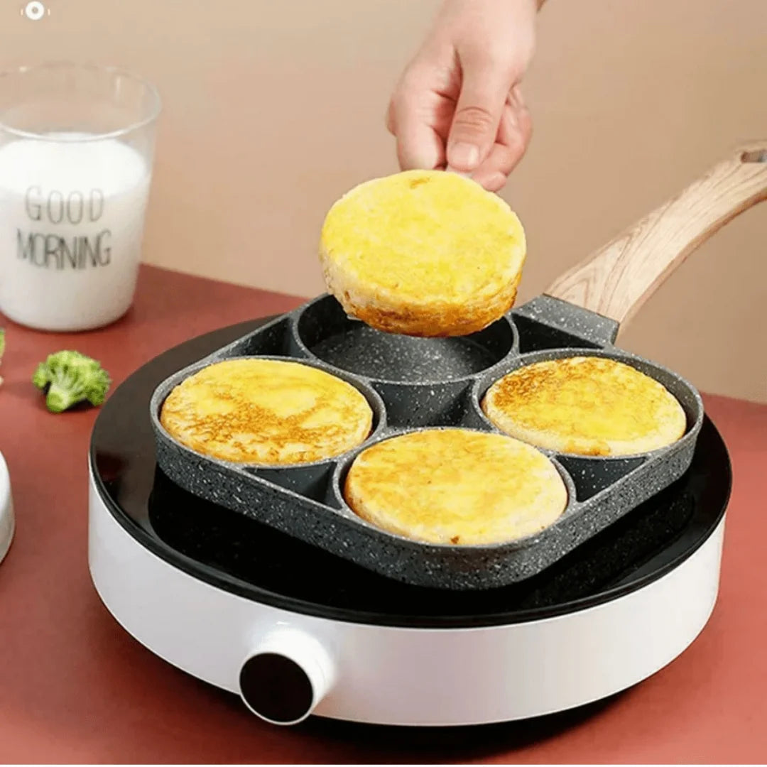 Frying pan, non-stick ham pancake maker, egg burger pan, with wooden handle, 4-hole, suitable for induction cooktops and gas sto Oasis Select