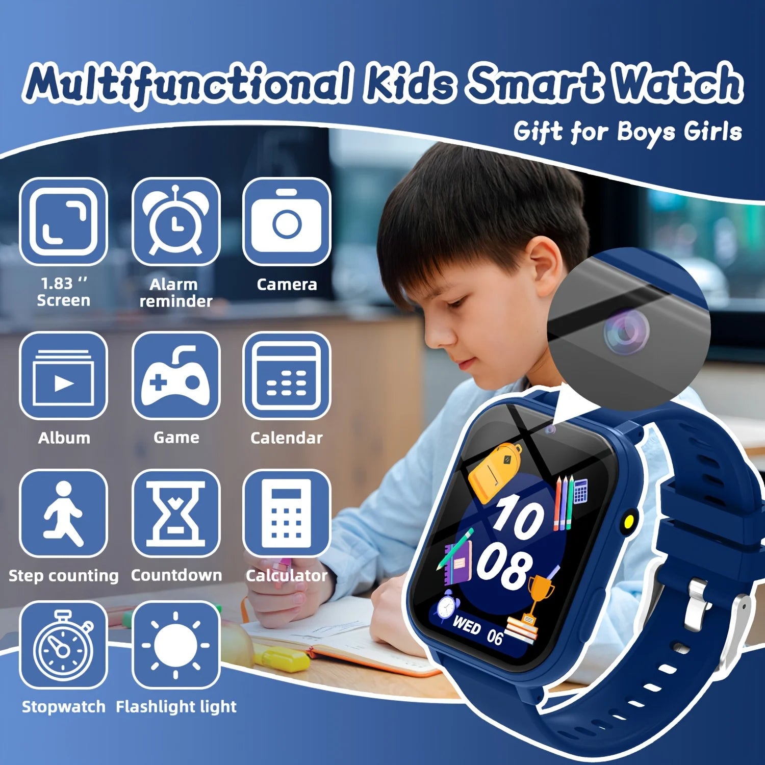 Kids' Smartwatch – 18 Games, Camera, LED Light & Pedometer