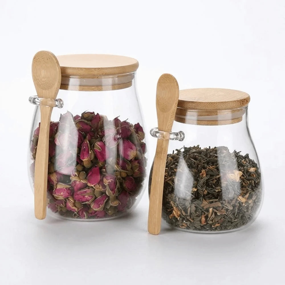 Airtight Glass Storage Jars with Bamboo Lid & Wooden Spoon