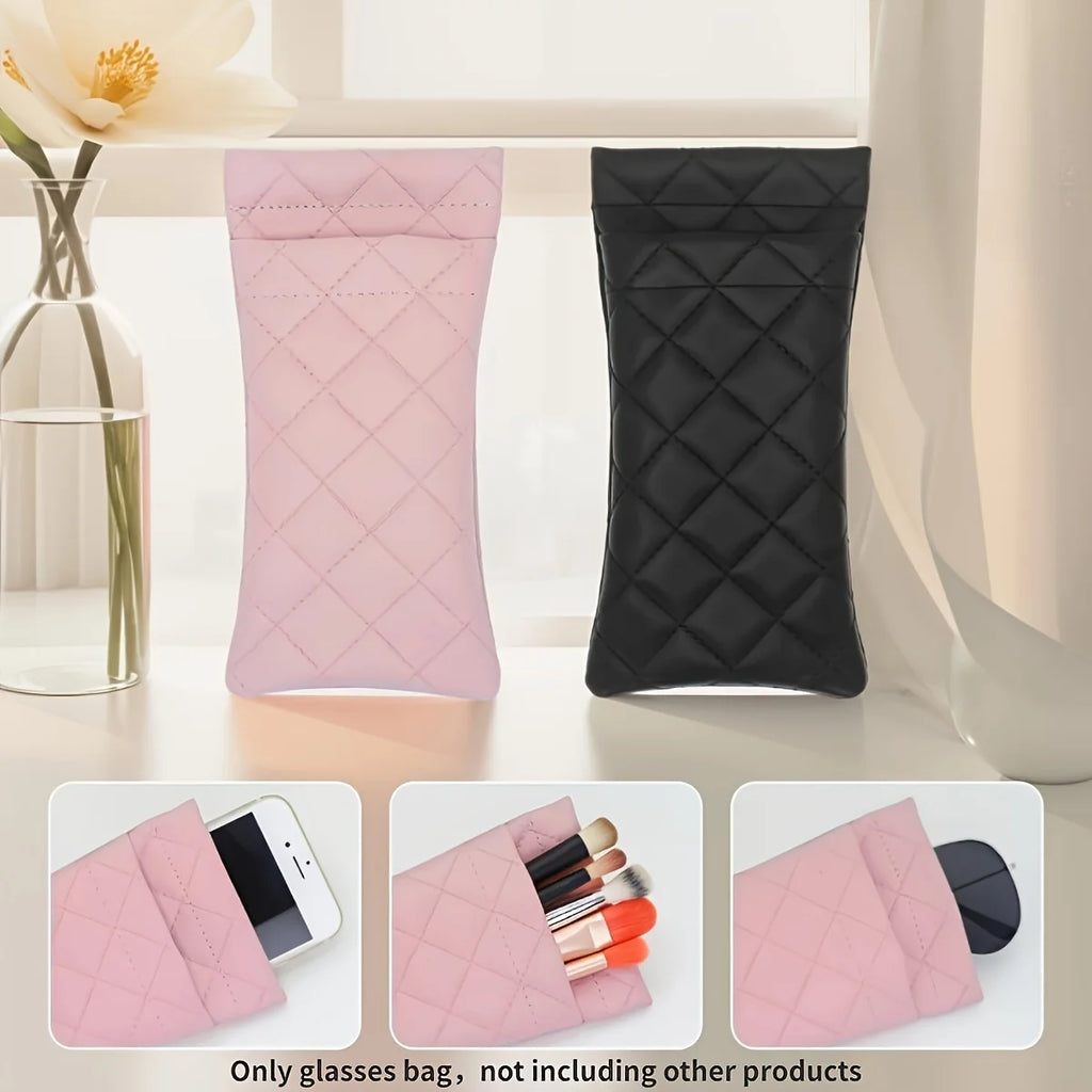 2pcs Soft PU Double Glasses Case Portable Squeeze Top Leather Glasses Case Minimalist Argyle Anti-Scratch Glasses Storage Bag Oasis Select