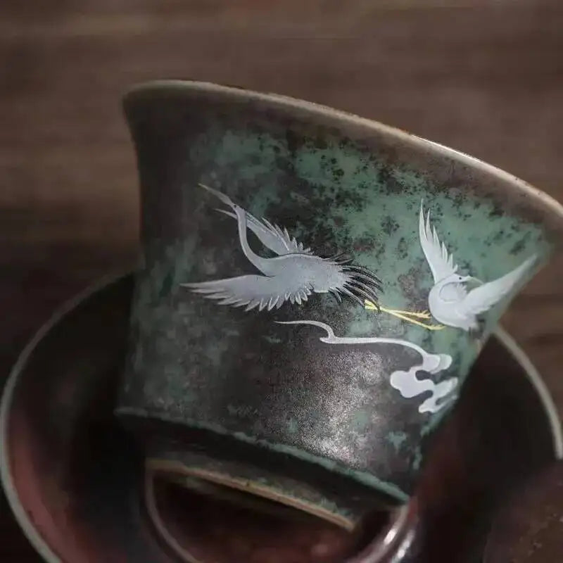 Japanese Kiln Change Color Ceramic Sancai Gaiwan Kung Fu Tea Set Household Tea Brewer Creative Crane Large Serving Tea Bowl Oasis Select
