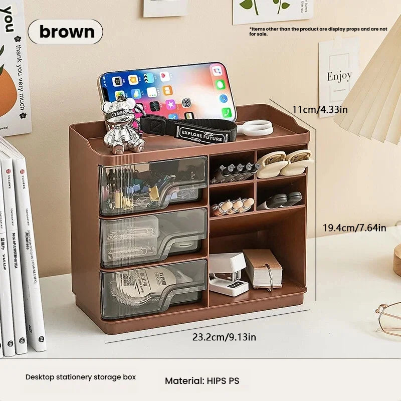 Desk Organizer,Desktop Stationary Organizer Caddy,with Pen Holder,3 Drawers,for School, Home, Office Supplies Oasis Select Brown