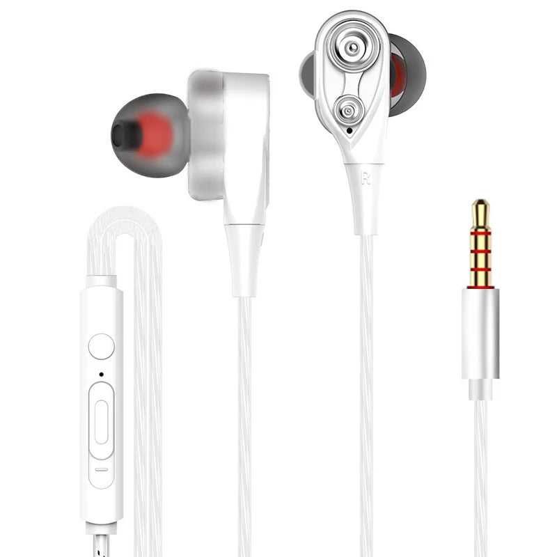 Double Moving Coil Headphones 3.5mm AUX With Mic Dynamic Headset In-Ear Music Gaming Sport Earbuds Bass Surround Shocking Sound Oasis Select White