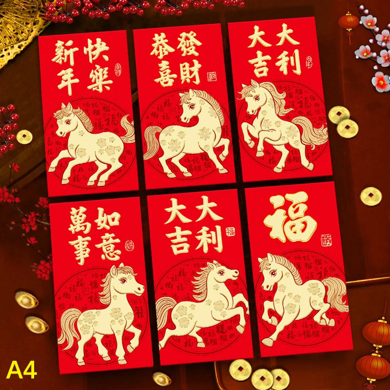 6Pcs/set Chinese New Year Money Envelope Horse Year Red Envelope Red Pocket Spring Festival Envelope Oasis Select A4