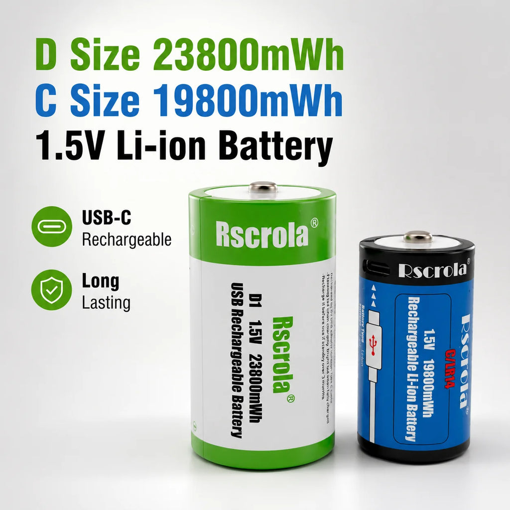 USB-C Rechargeable D Cell /C Cell Battery Li-ion High Capacity 23800mWh 19800mWh Rechargeable Batteries for Flashlight Radio Toy Oasis Select