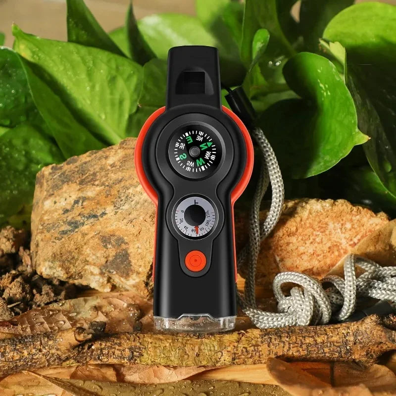 7in1 Emergency Survival Function Whistle Outdoor Multifunctional Survival Whistle with Lanyard Compass Flashlight Camping Hike Oasis Select