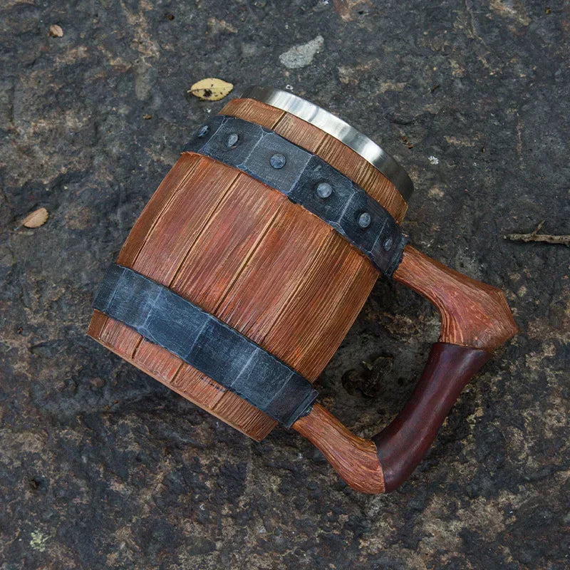 Wooden Barrel Beer Cup Stainless Steel Coffee Mug Viking Style Vintage Beer Mug Double Wall Drinking Cup Halloween Bar Drinkware Oasis Select