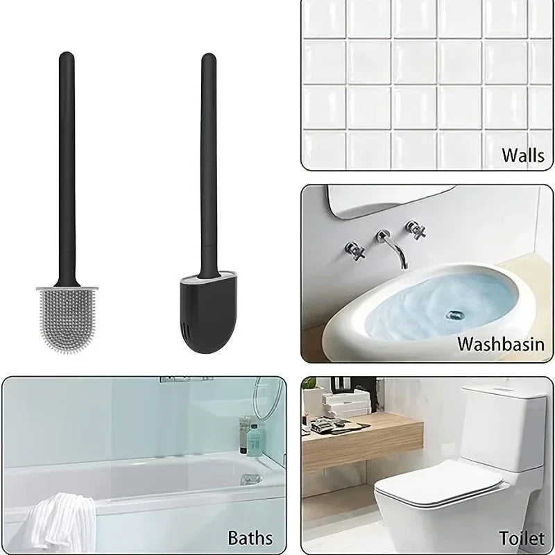 Silicone Toilet Brush Cleaning Brush Flat Head Flexible Wall Mounted Black Toilet Bowl Cleaner Brush Holder Set for WC Bathroom Oasis Select