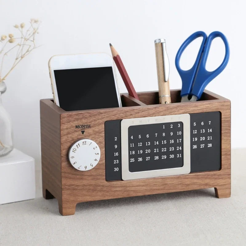 Creative Wooden Calendar Pen Holder Multifunctional Desktop Organizer Stationery Pencil Storage Box Remote Control storage Box Oasis Select