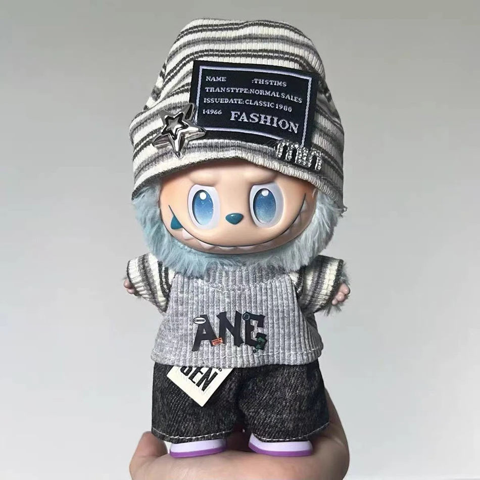 For Labubu 15-17cm Cloth Korean Grey Star Hat Suit Pull Bubu Baby Clothes 123rd Generation High-energy Hope Vinyl Doll Clothes Oasis Select