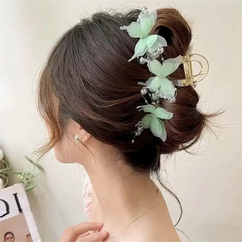 Light Blue/Pink Sheer Butterfly Claw Clip | Pearl Rhinestone Fairycore Hair Grabber | Elegant Romantic Hair Accessory Oasis Select