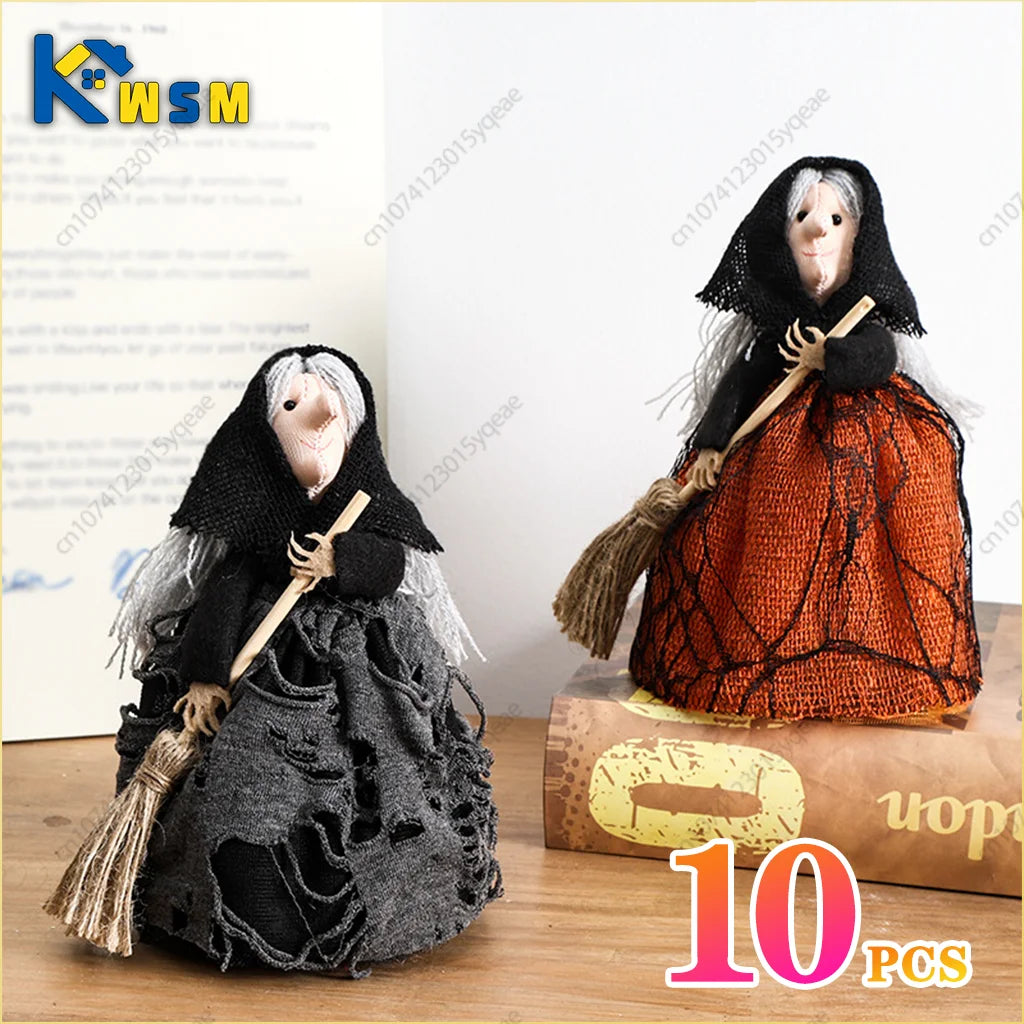 Halloween Witch Doll Decoration with Broom – 1–10 PCS Set