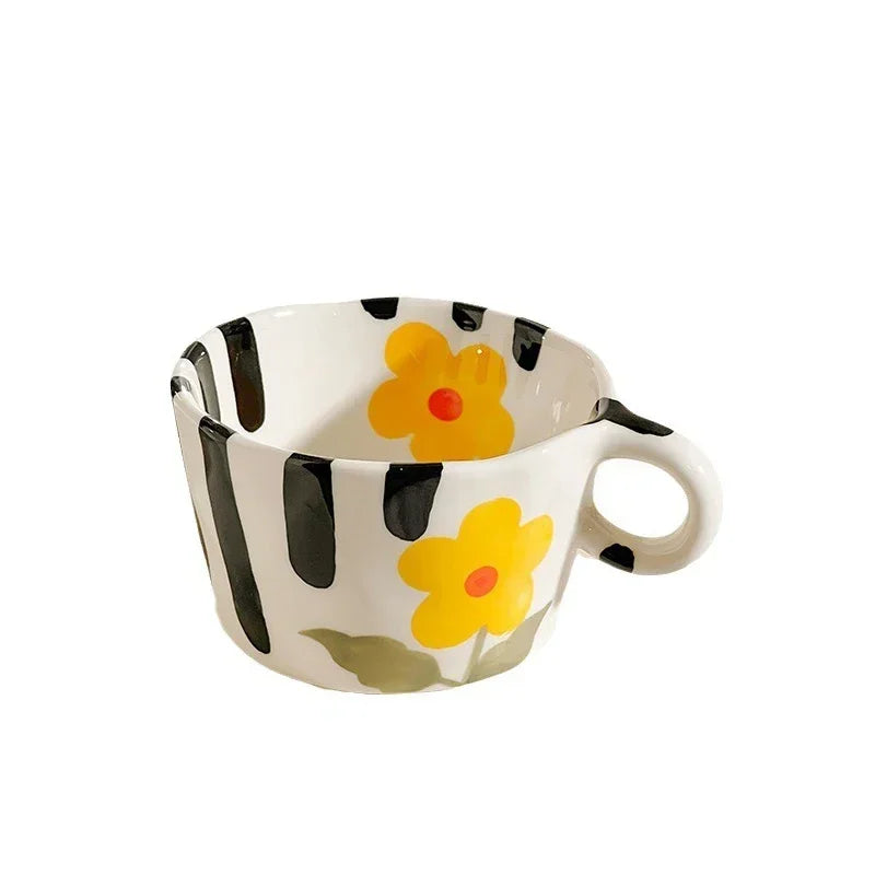 300ML Ceramic Mugs Hand Pinched Irregular Mug Hand-painted Strawberry Flower Coffee Cup Breakfast Milk Afternoon Tea Cup Gift Oasis Select Yellow Flower 300ML